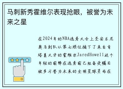 马刺新秀霍维尔表现抢眼，被誉为未来之星